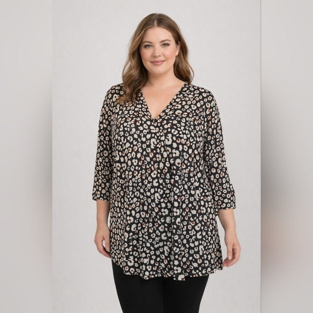 Beacon Black Leopard Print V-Neck 3/4 Sleeve Blouse Plus Size 2X #1303